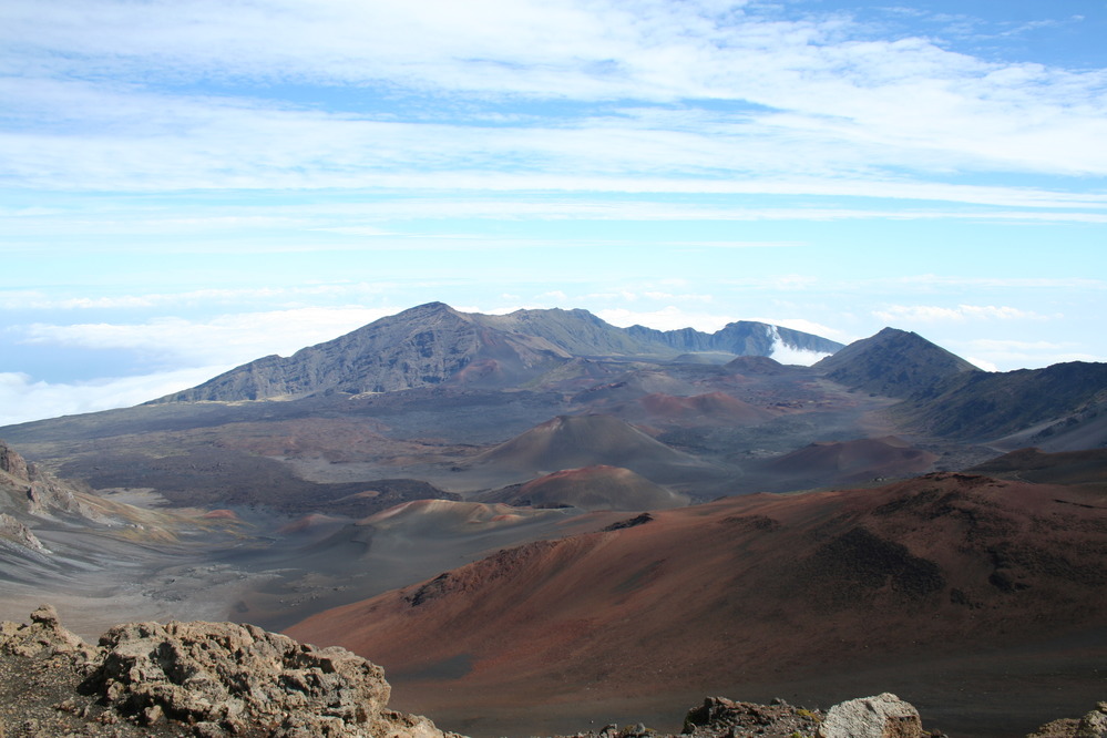 Real Haleakala Crater volcanic landscape viewed from the summit area of Haleakala National Park on Maui