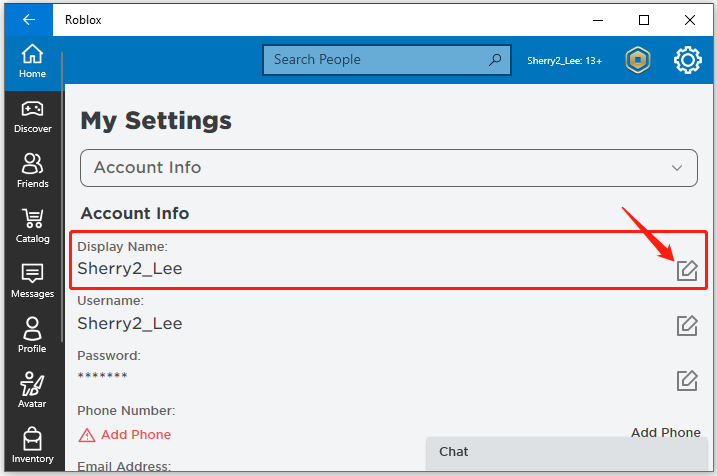 Roblox Account Info settings showing Display Name and Username fields