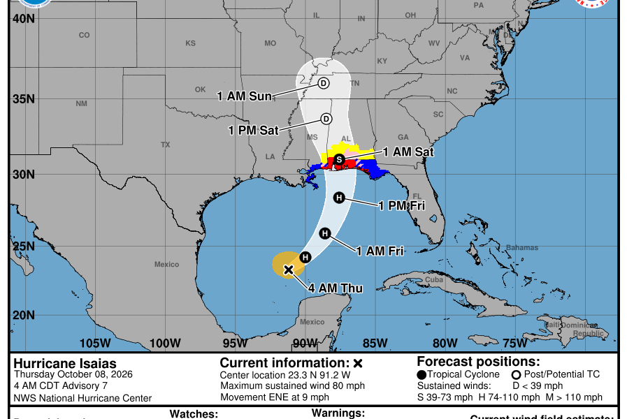 NOAA National Hurricane Center forecast cone and hurricane warnings for Hurricane Isaias approaching the northern U.S. Gulf Coast on October 8, 2026; consult NHC for updates