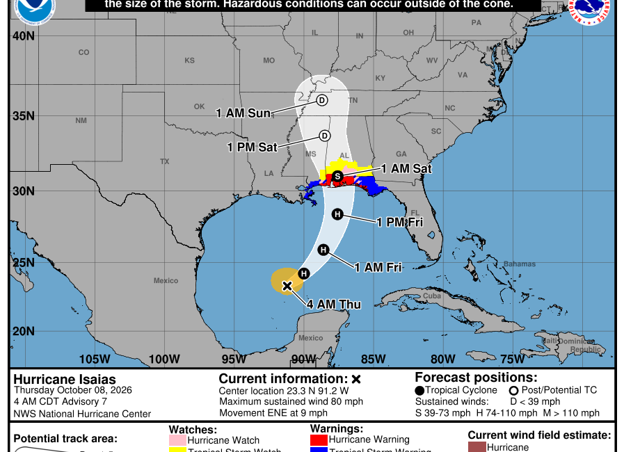 NOAA National Hurricane Center forecast cone and hurricane warnings for Hurricane Isaias approaching the northern U.S. Gulf Coast on October 8, 2026; consult NHC for updates