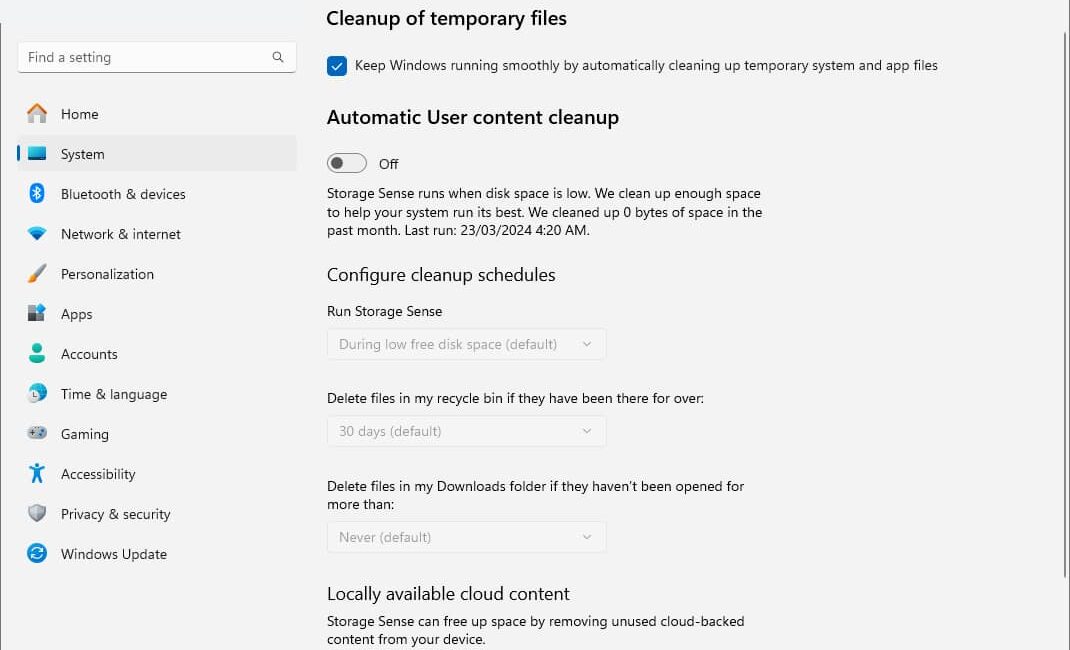 Windows 11 Storage Sense settings for automatic cleanup, Recycle Bin and Downloads retention