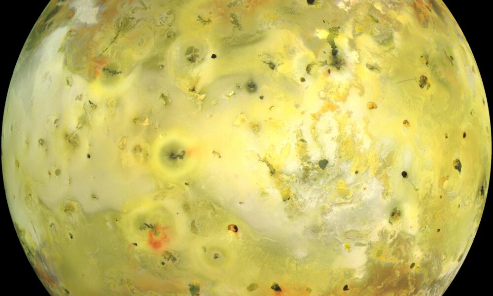 True-color mosaic of Jupiter's moon Io from actual NASA Galileo spacecraft images showing sulfur deposits and colorful volcanic regions