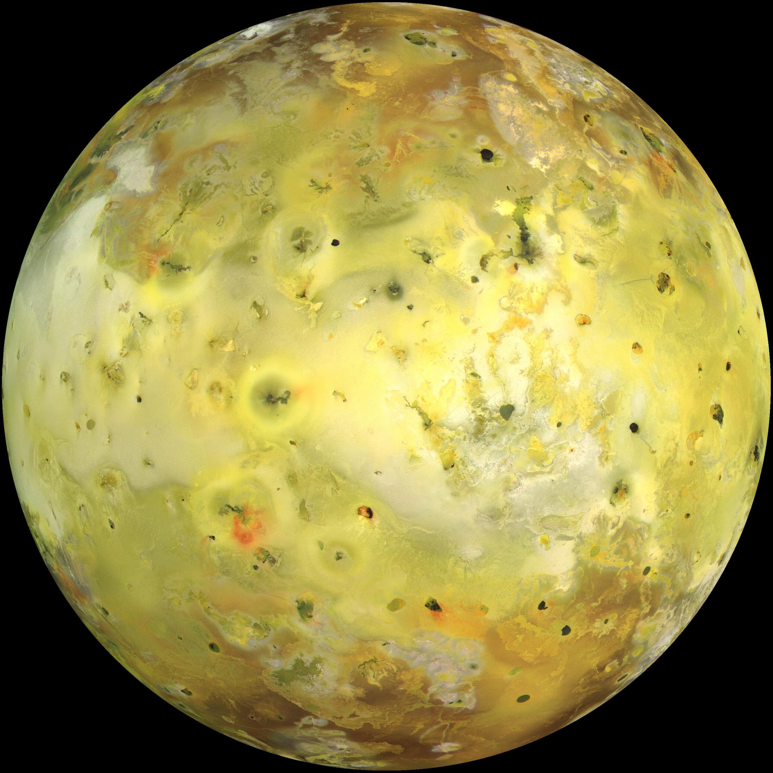 Real NASA Galileo spacecraft true-color surface mosaic of Jupiter's moon Io PIA02308 showing sulfur-rich volcanic terrain