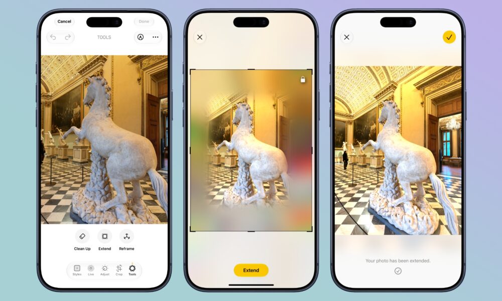 Apple iOS 27 Photos Extend tool expanding an image with AI