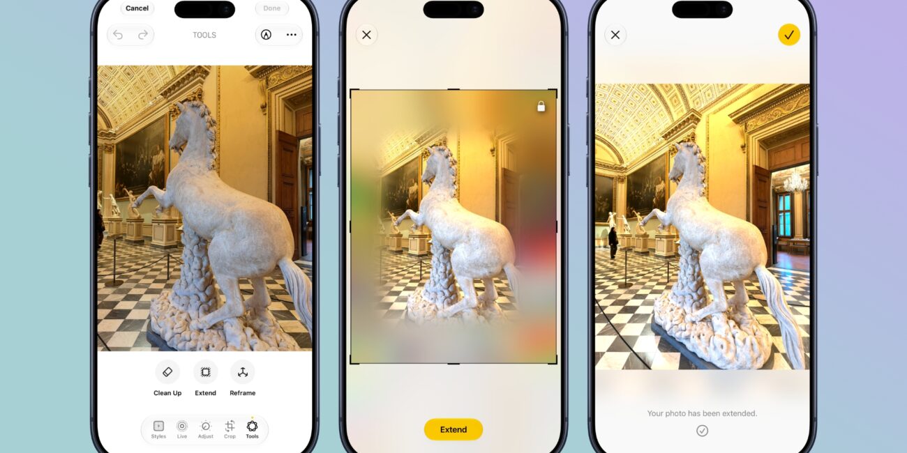 Apple iOS 27 Photos Extend tool expanding an image with AI