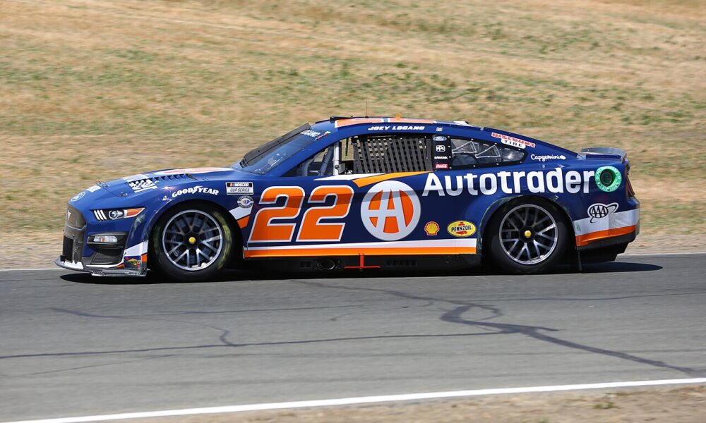 Joey Logano No. 22 Ford racing at Sonoma Raceway in 2023; archival image for his 500th Team Penske start