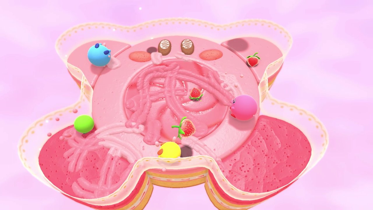 Authentic Nintendo Switch Kirby's Dream Buffet gameplay screenshot showing dessert race competition and Kirby characters