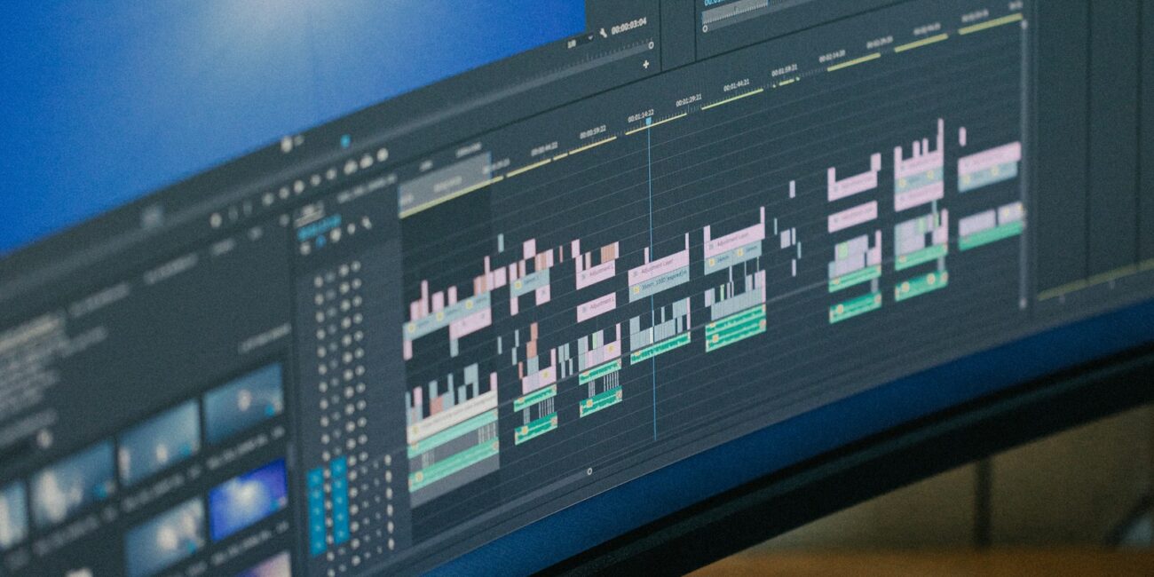 Video editing workstation illustrating the Manus Video Editor timeline workflow