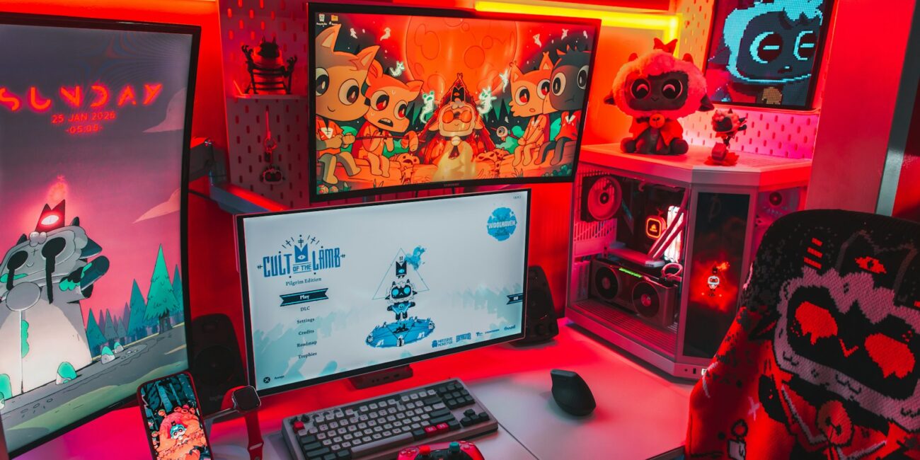 Multi-monitor gaming setup representing Marvel Rivals Season 10.5