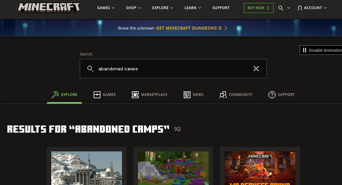 Minecraft official site results for Abandoned Camps guide
