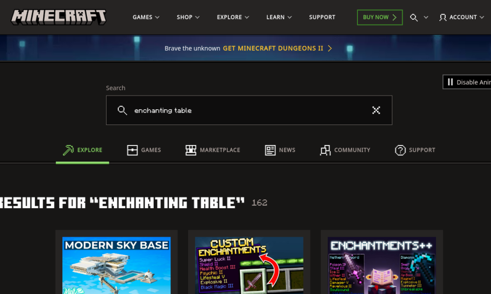 Minecraft official site results for enchanting table and bookshelves guide
