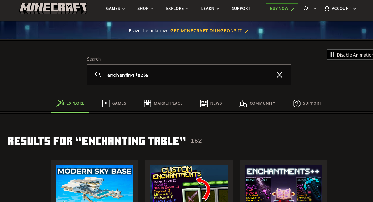 Minecraft official site results for enchanting table and bookshelves guide