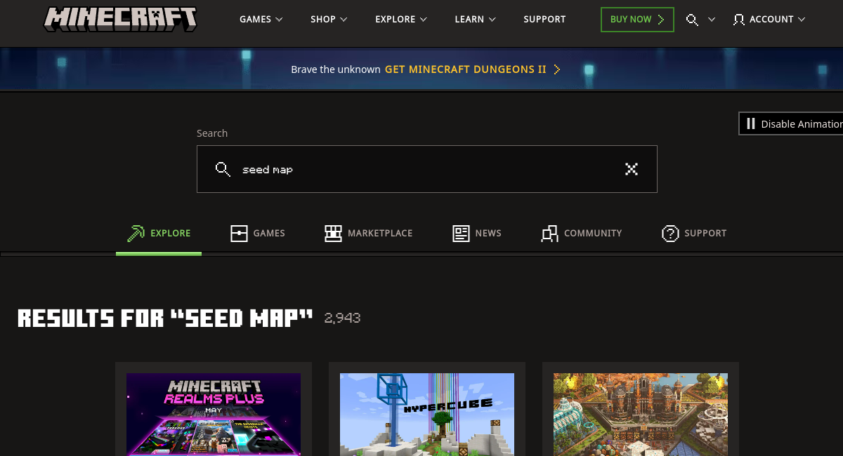 Minecraft official site results for seed map and biome guide