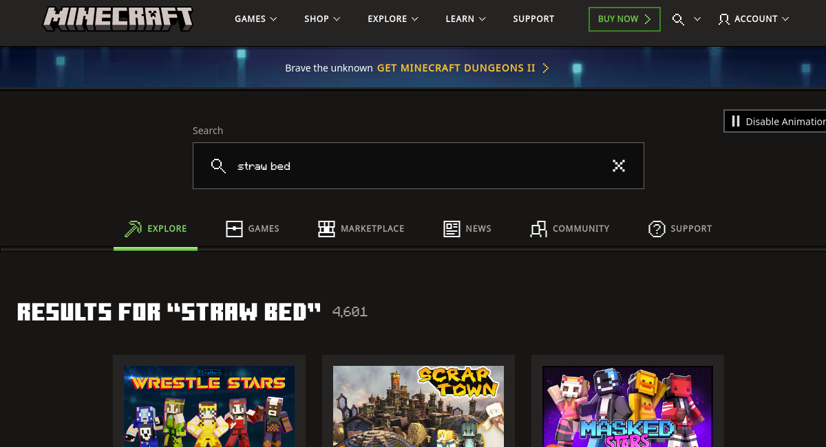 Minecraft official site results for Straw Bed recipe guide