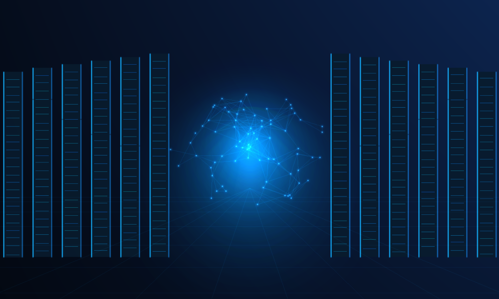Original AVARIXO illustration of a futuristic AI data center and neural network