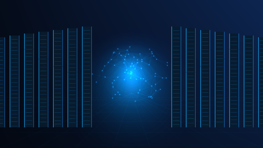 Original AVARIXO illustration of a futuristic AI data center and neural network