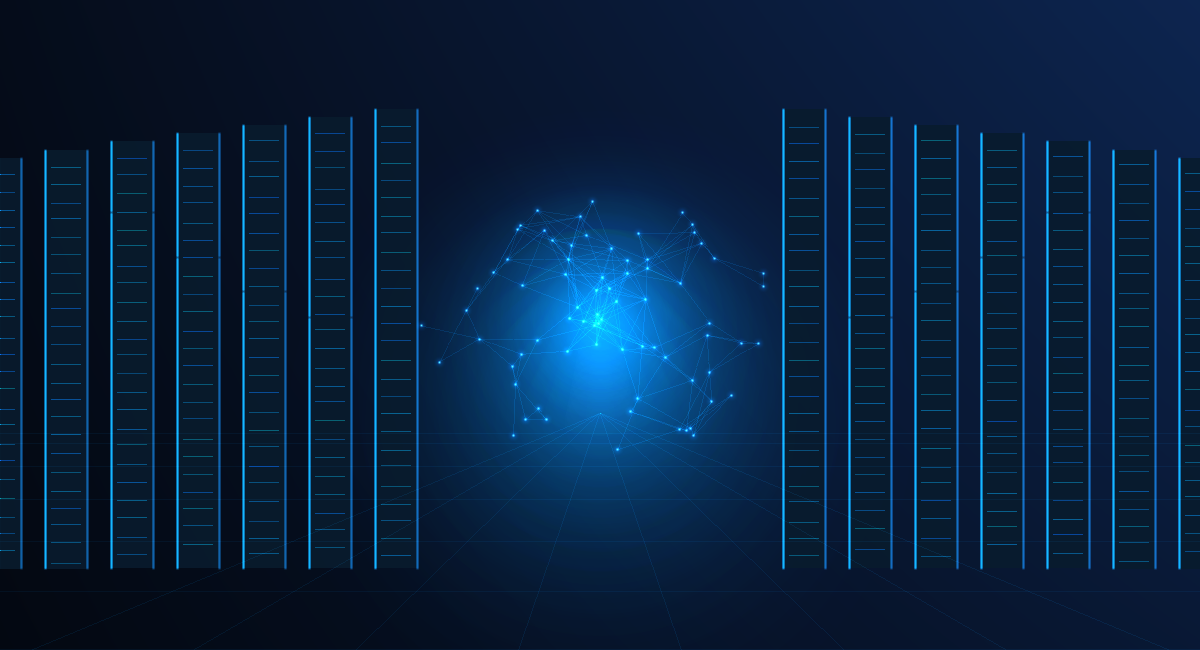 Original AVARIXO illustration of a futuristic AI data center and neural network