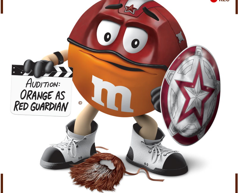 Orange M&M's Spokescandy dressed as Marvel's Red Guardian in an official Marvel and M&M's promotional illustration