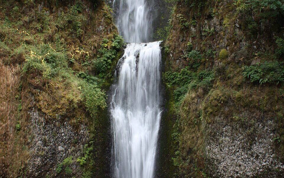Multnomah Falls waterfall cascading over the basalt cliffs in Oregon's Columbia River Gorge, photographed by Jessicacu
