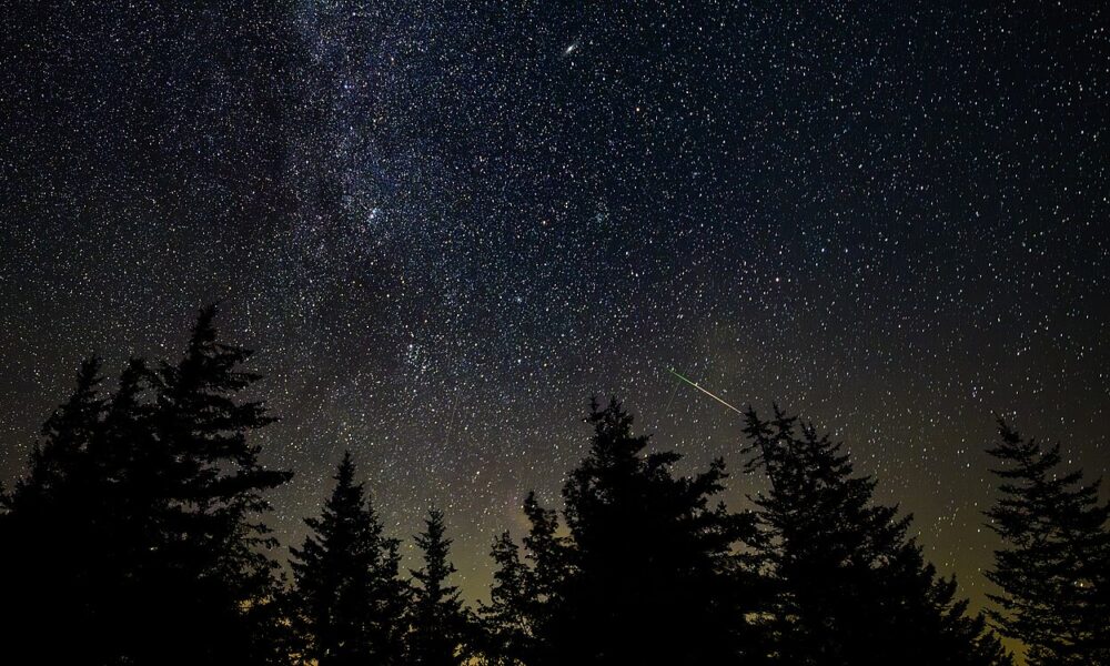 A meteor streaks across a dark night sky in West Virginia, photographed by NASA in August 2025; illustrative image for the 2026 Draconid meteor shower