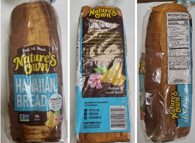 Nature's Own Hawaiian Bread 20-ounce loaf packaging shown in Flowers Foods' October 2026 milk-allergen recall