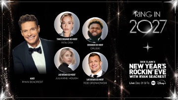 Dick Clark's New Year's Rockin' Eve 2027 hosts Ryan Seacrest, Rita Ora, Druski and Rob Gronkowski