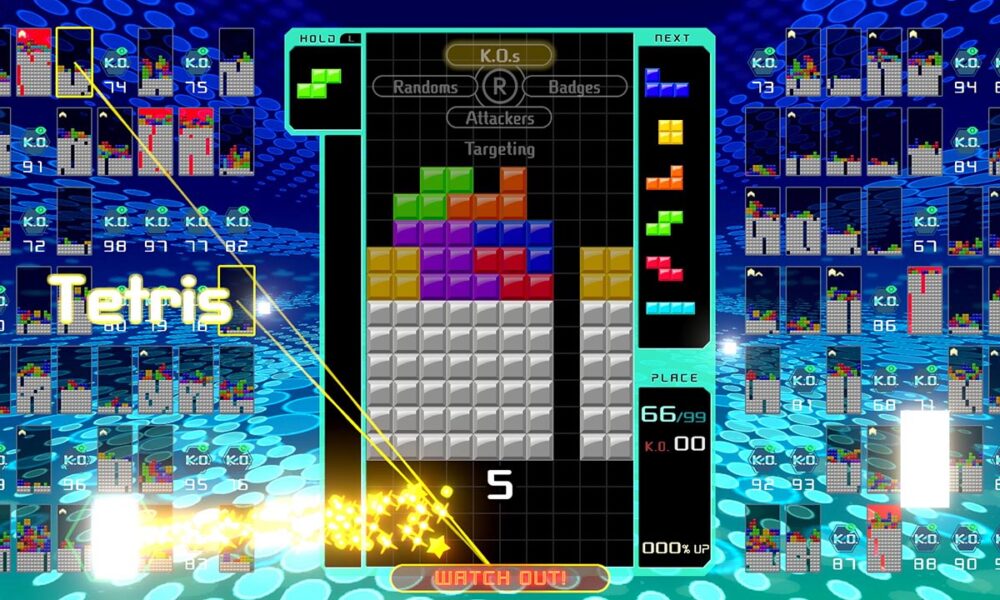 Real Tetris 99 game on Nintendo Switch showing the central falling-block board and other online opponents