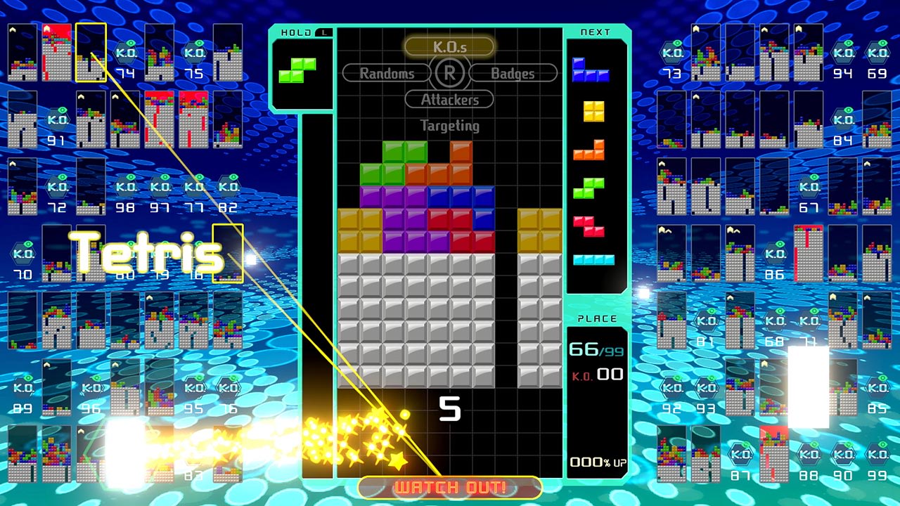 Actual official Nintendo Tetris 99 gameplay screenshot showing a puzzle board during a match