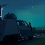 Twisted Roblox in-game screenshot with armored storm-chasing vehicle on a dark highway
