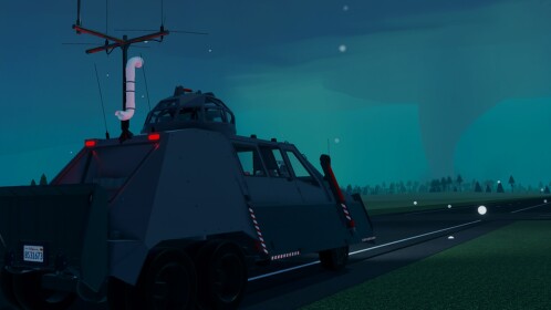 Twisted Roblox in-game screenshot with armored storm-chasing vehicle on a dark highway