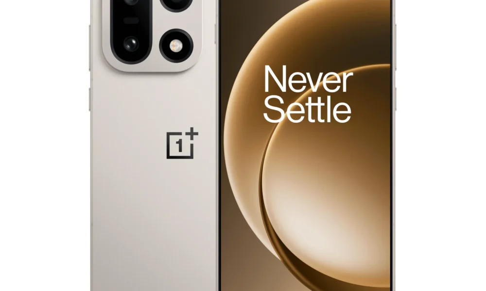 Official OnePlus 15 beige product render showing front and rear of the phone featured in India festive sale pricing
