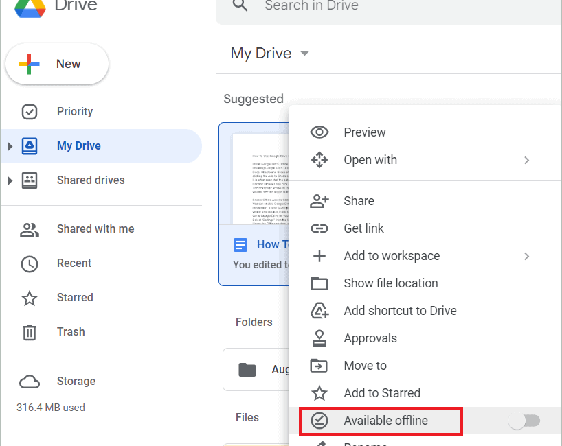 Google Drive context menu showing the Available offline option for a file