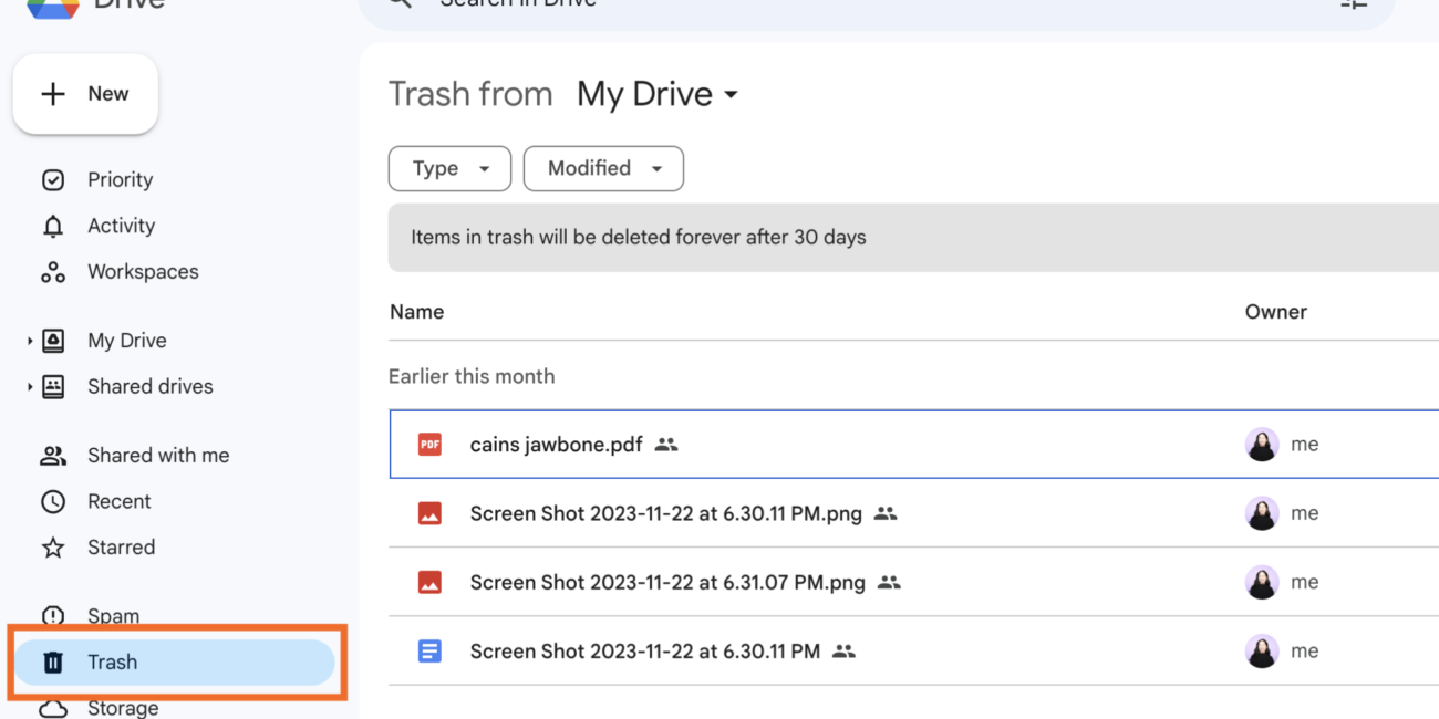 Google Drive Trash showing deleted files and the 30-day deletion notice