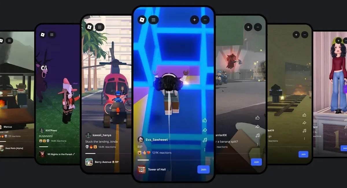 Official Roblox Moments feature preview showing user-captured gameplay videos in a mobile feed