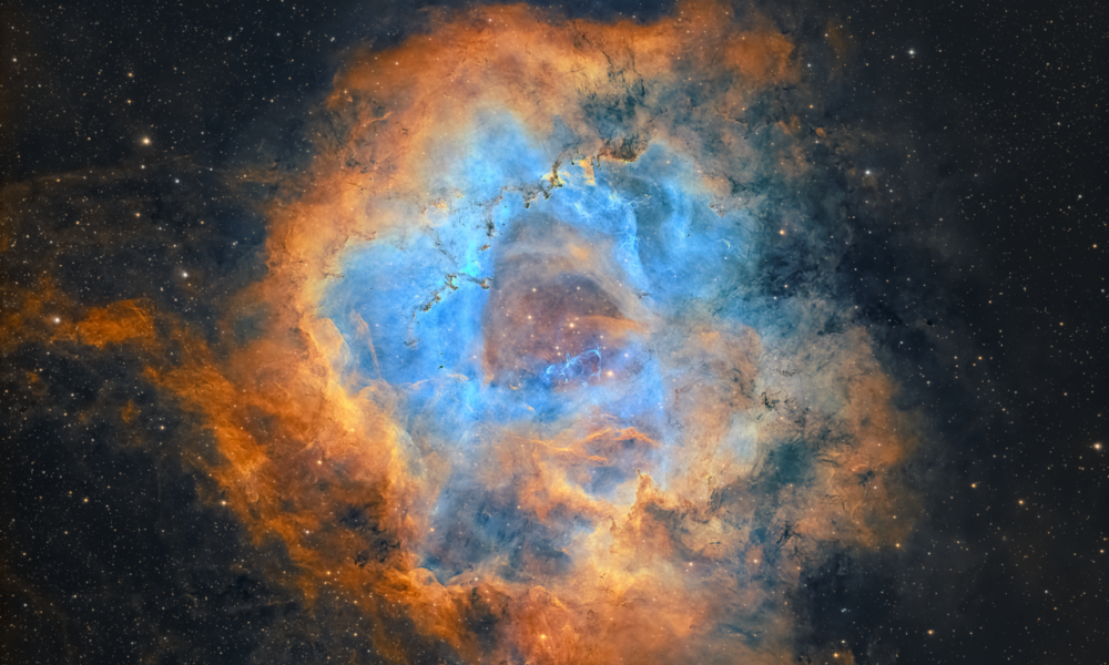 The real Rosette Nebula in Monoceros, a colorful star-forming emission nebula with a hollow central region and bright cluster NGC 2244, captured by Chuck Ayoub