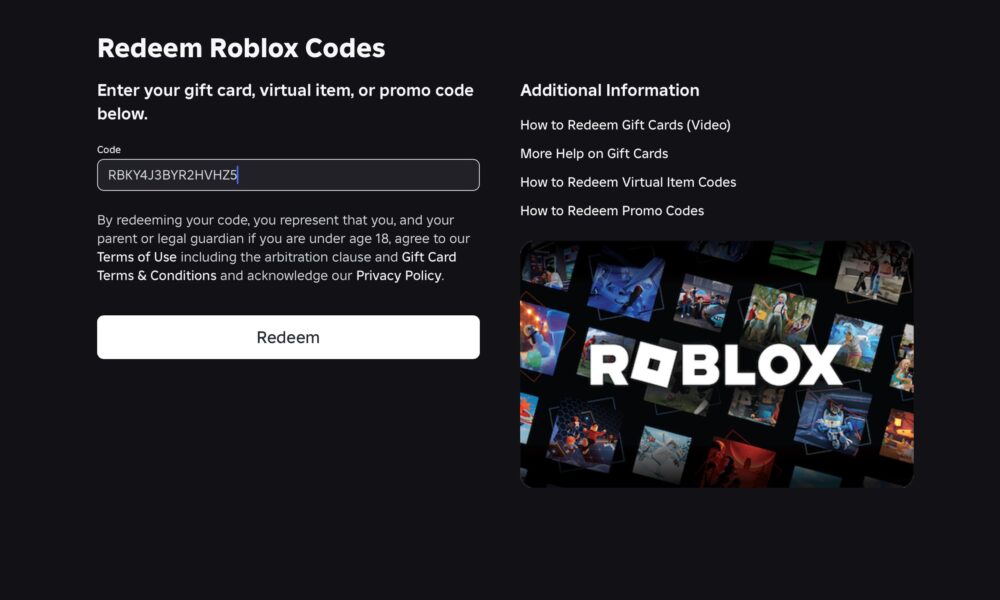 Roblox gift card and promo code redemption page with the Redeem field and button