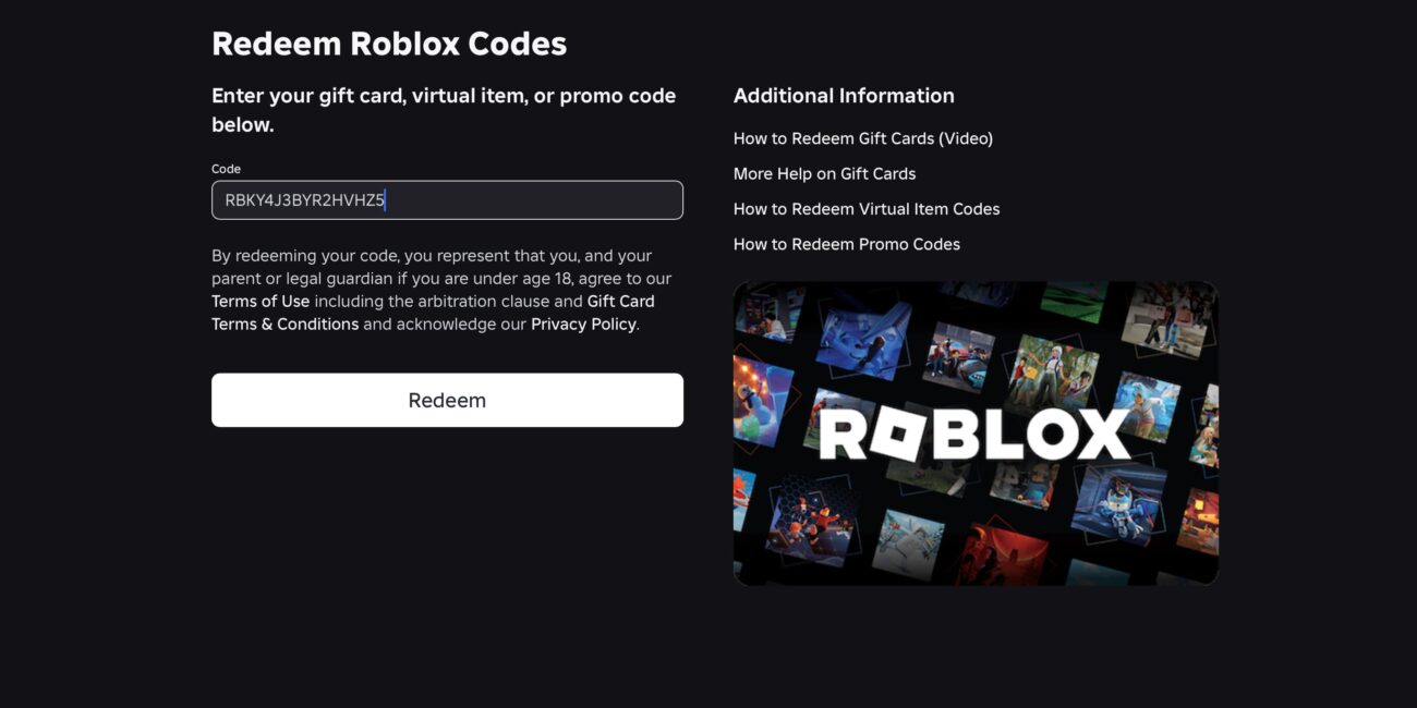 Roblox gift card and promo code redemption page with the Redeem field and button