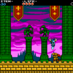 Real in-game screenshot from Shovel Knight Treasure Trove showing Shovel Knight fighting enemies in pixel-art stage