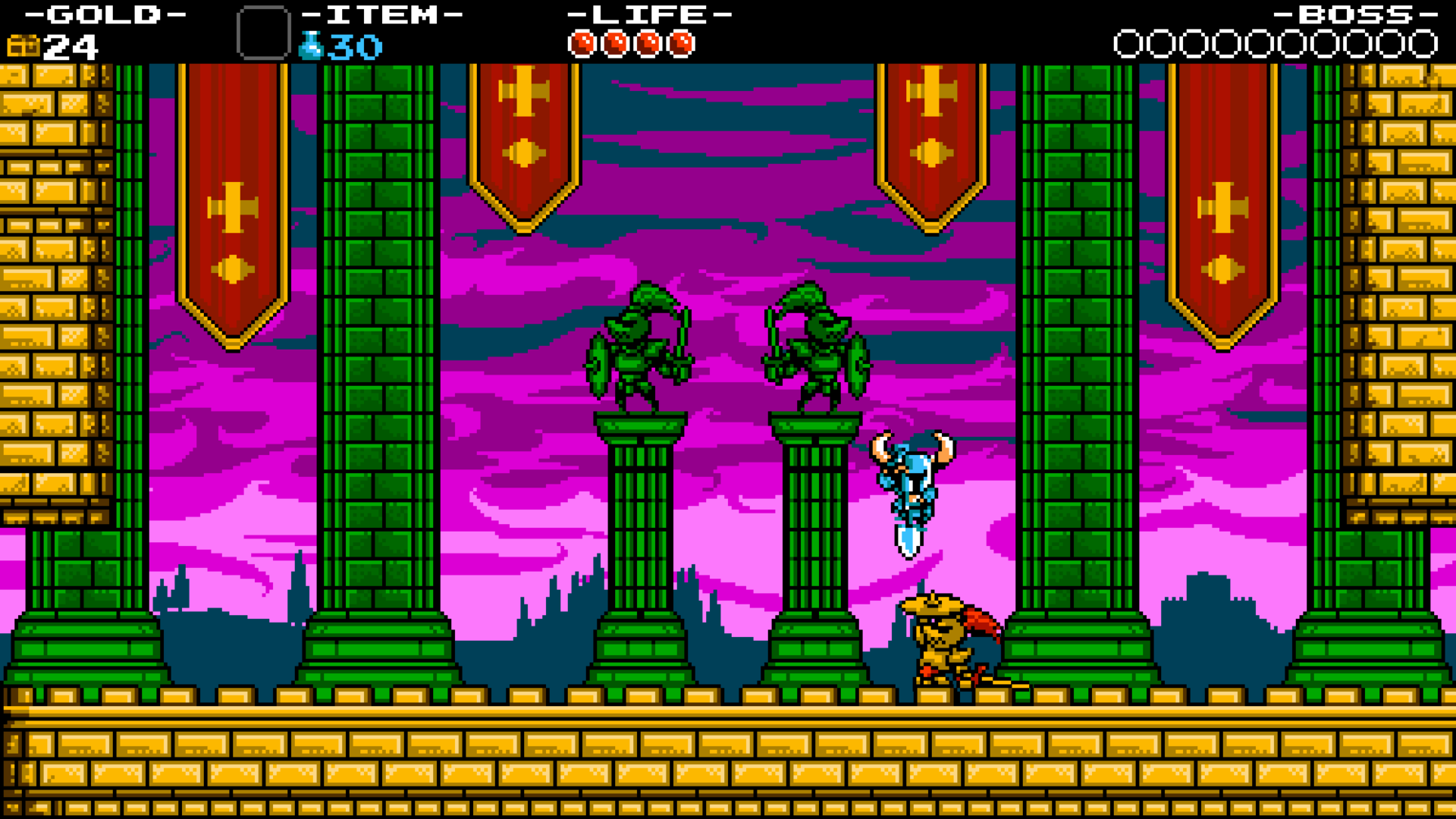 Authentic Shovel Knight Treasure Trove gameplay screenshot from the Yacht Club Games press kit showing Shovel Knight in an actual pixel-art stage
