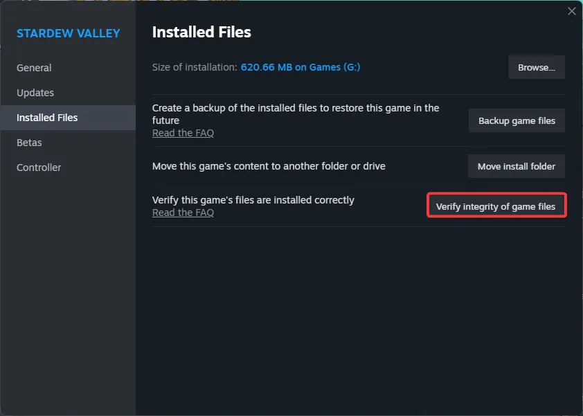 Steam Installed Files settings showing the verify game files option for launch troubleshooting
