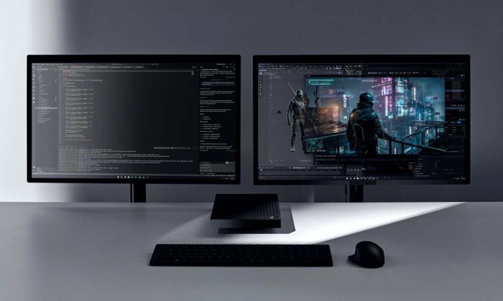Surface RTX Spark Dev Box: 128GB Memory, Specs and Availability Microsoft Surface RTX Spark Dev Box on a developer desk with two monitors