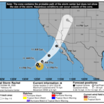 National Hurricane Center October 8, 2026 forecast cone for Tropical Storm Rachel and its possible track toward northern Baja California and Southern California.