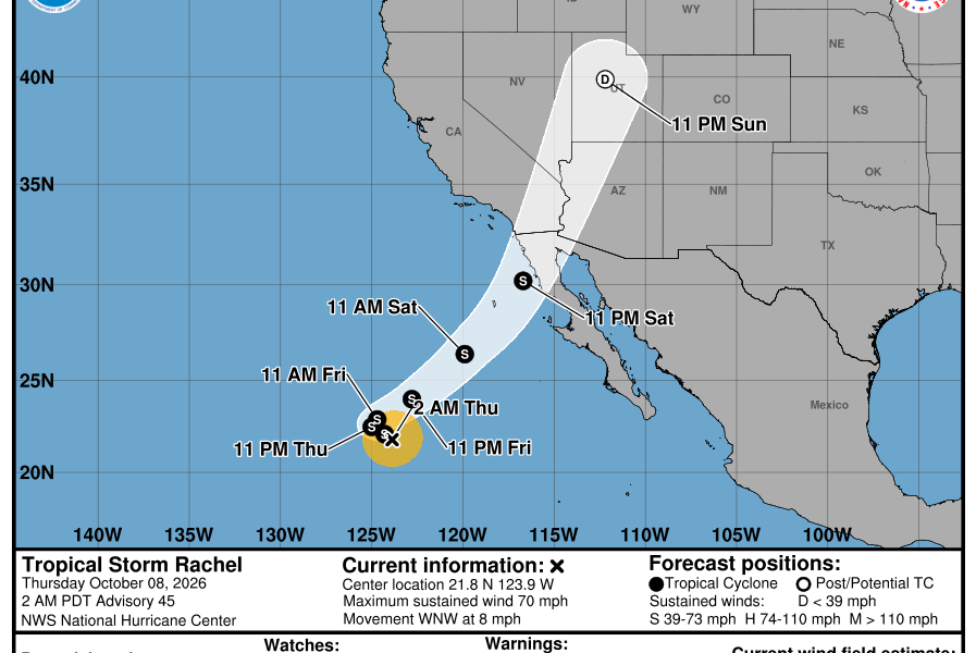 National Hurricane Center October 8, 2026 forecast cone for Tropical Storm Rachel and its possible track toward northern Baja California and Southern California.