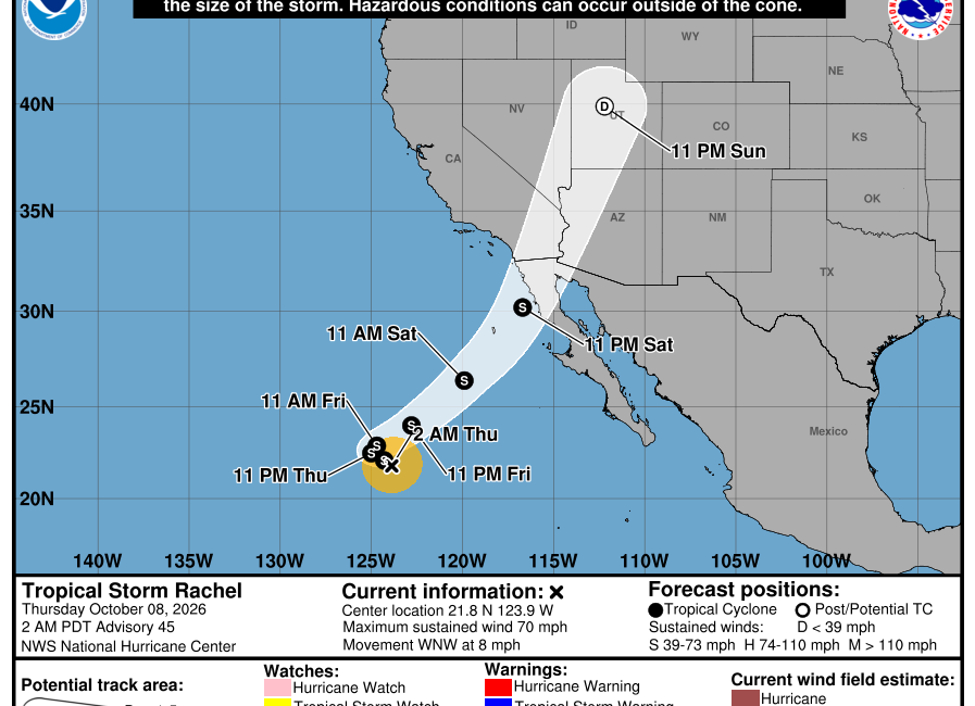 National Hurricane Center October 8, 2026 forecast cone for Tropical Storm Rachel and its possible track toward northern Baja California and Southern California.