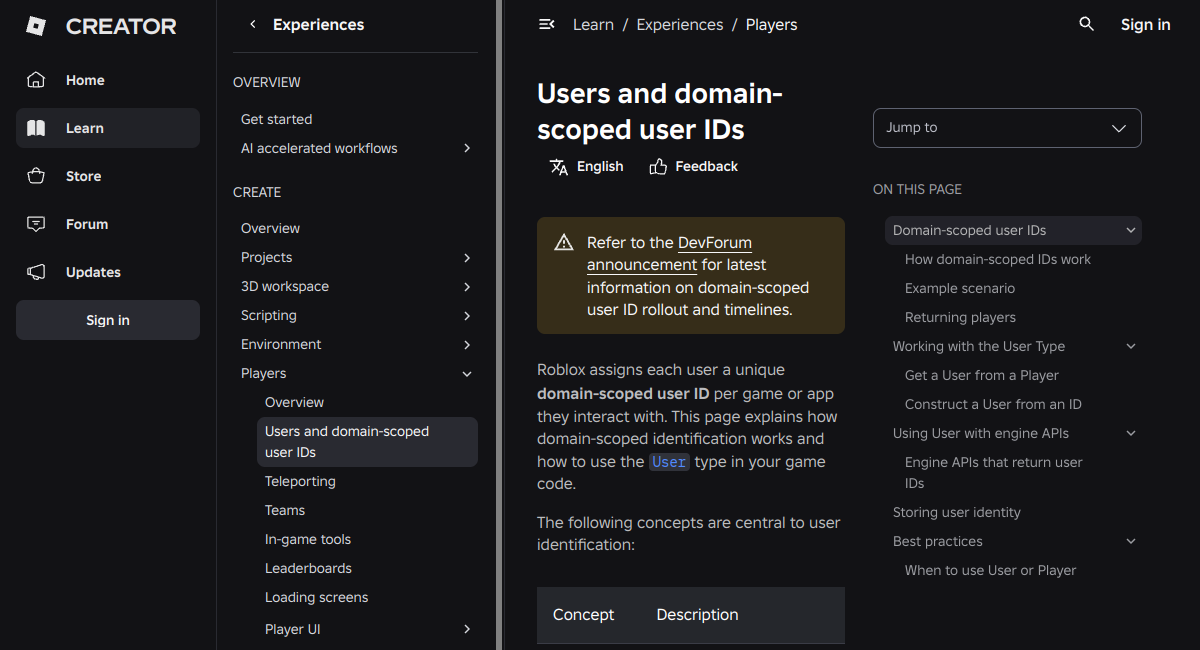 Roblox Creator Hub documentation explaining user IDs and player identity