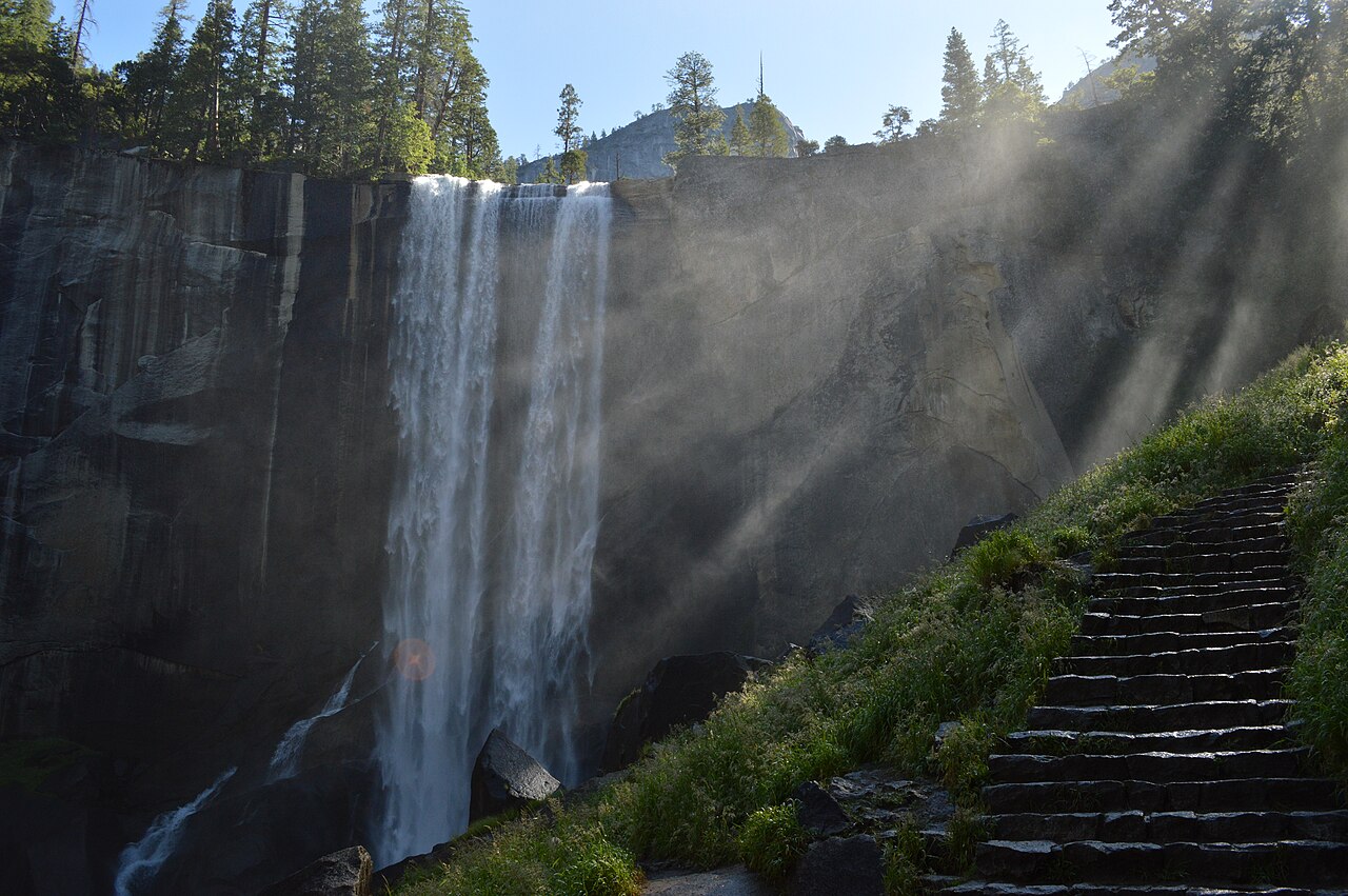 Genuine 2015 photograph of Vernal Fall waterfall in Yosemite National Park, the waterfall visible from the Vernal Fall Footbridge hike