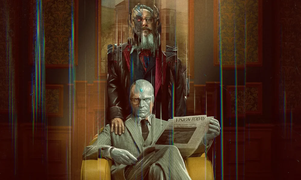 Official Marvel VisionQuest key art showing Paul Bettany as Vision seated in a yellow armchair with James Spader as Ultron behind him