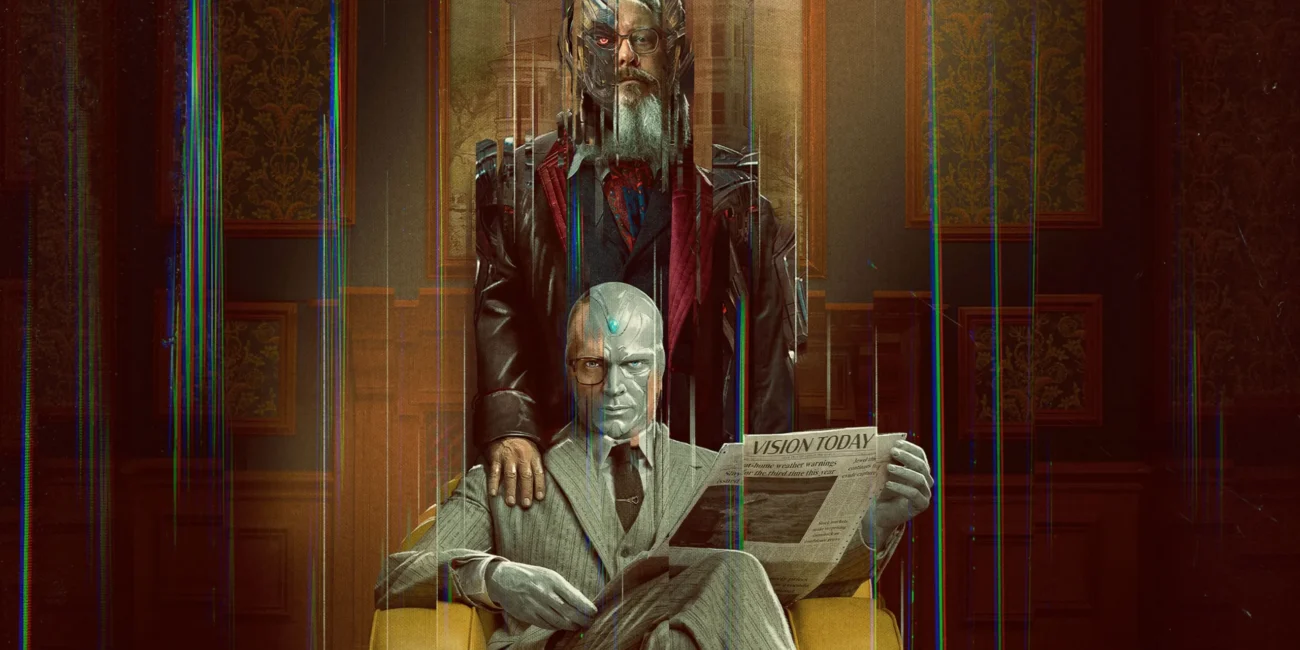 Official Marvel VisionQuest key art showing Paul Bettany as Vision seated in a yellow armchair with James Spader as Ultron behind him