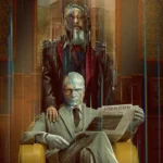 Official Marvel VisionQuest key art showing Paul Bettany as Vision seated in a yellow armchair with James Spader as Ultron behind him