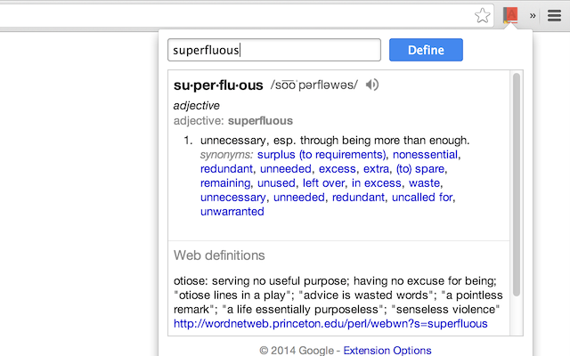 Google Dictionary Chrome Web Store screenshot showing definition features